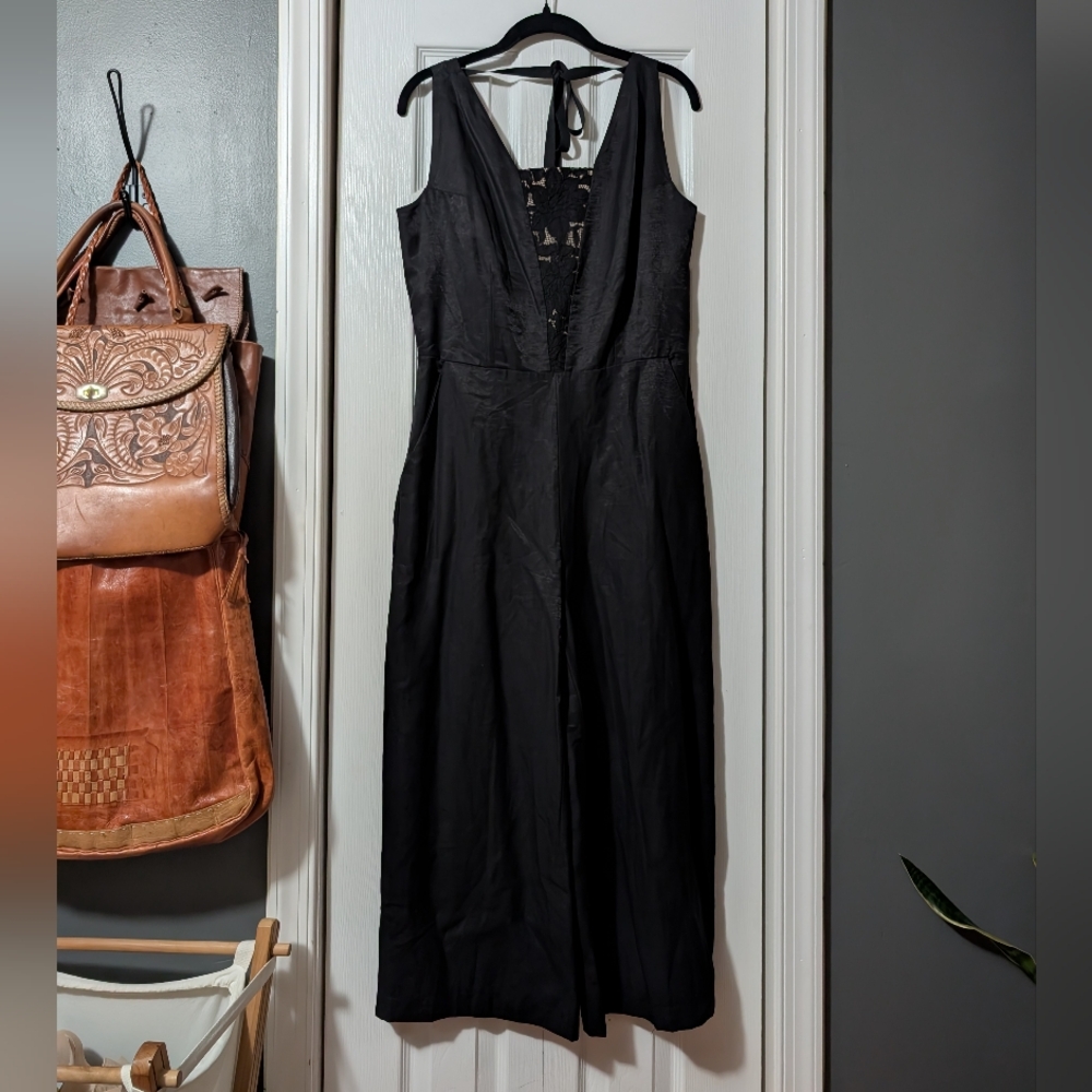 Black Linen Blend Wide Leg Cropped Lace Jumpsuit Cristina Lei